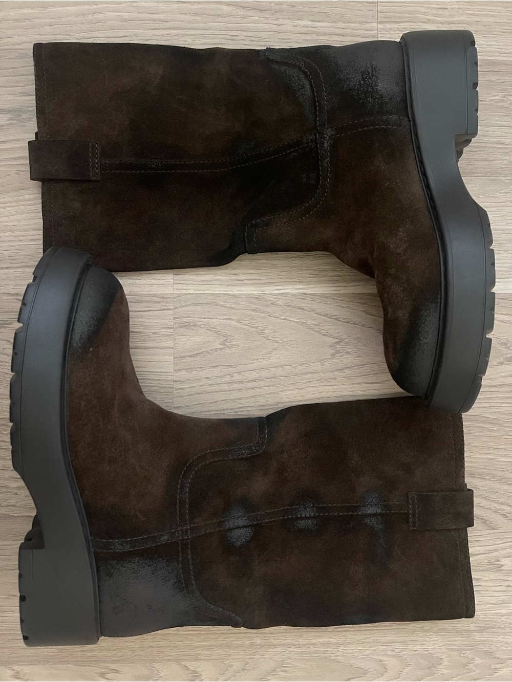 Jeffrey Campbell Dark Brown Oiled Suede Distressed Lug Sole Chunky Boots Size 10